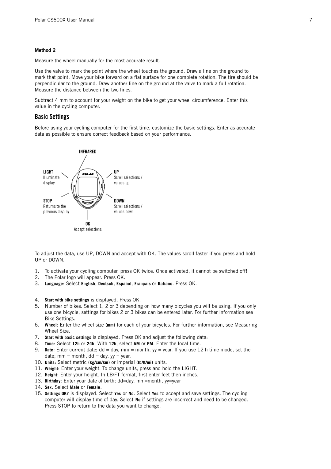 Polar CS600X user manual Basic Settings 