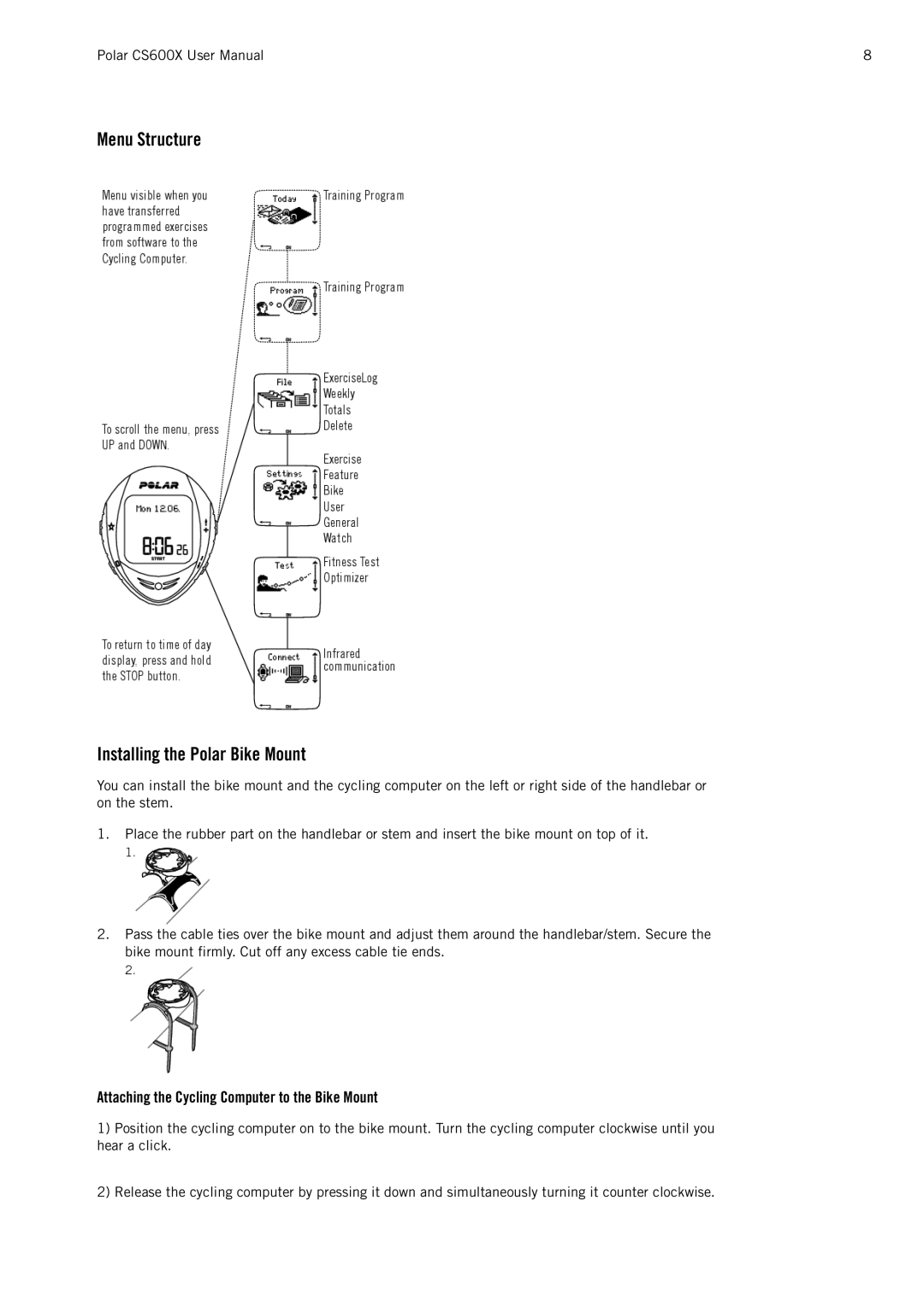 Polar CS600X user manual Menu Structure Installing the Polar Bike Mount, Attaching the Cycling Computer to the Bike Mount 