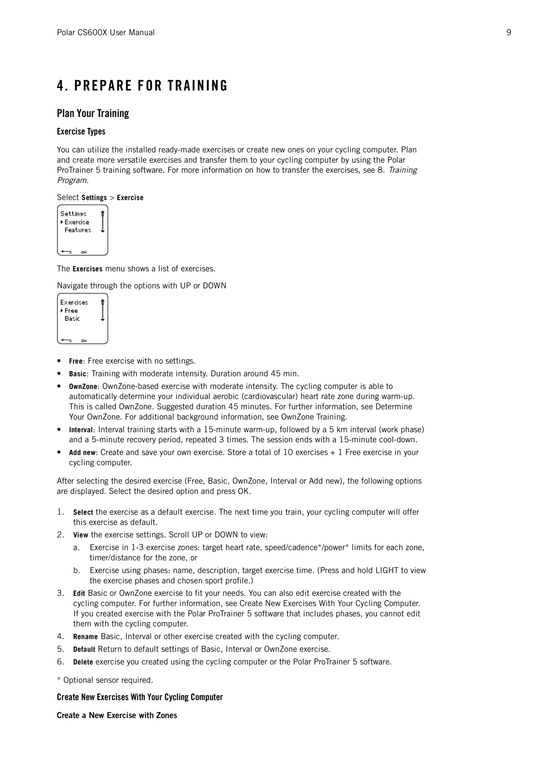 Polar CS600X R E P a R E F O R T R a I N I N G, Plan Your Training, Exercise Types, Create a New Exercise with Zones 