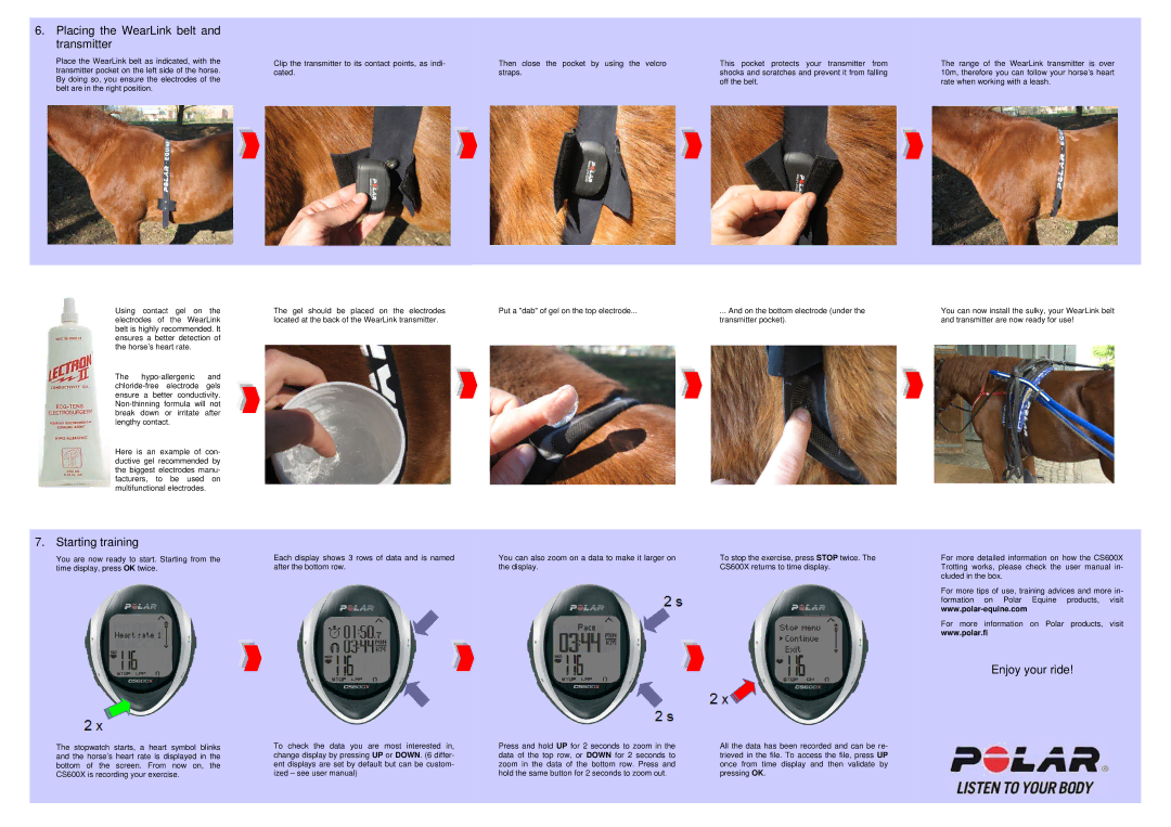 Polar CS600X quick start Placing the WearLink belt and transmitter, Starting training, Enjoy your ride 