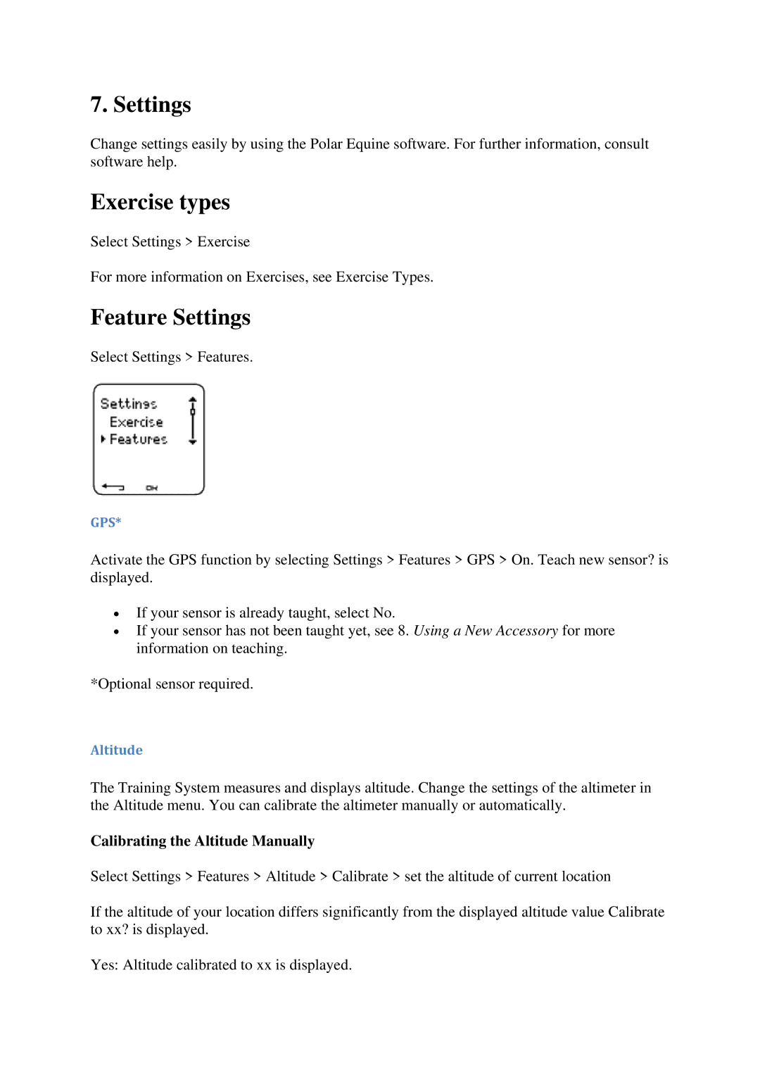 Polar CS600X user manual Exercise types, Feature Settings, Calibrating the Altitude Manually 