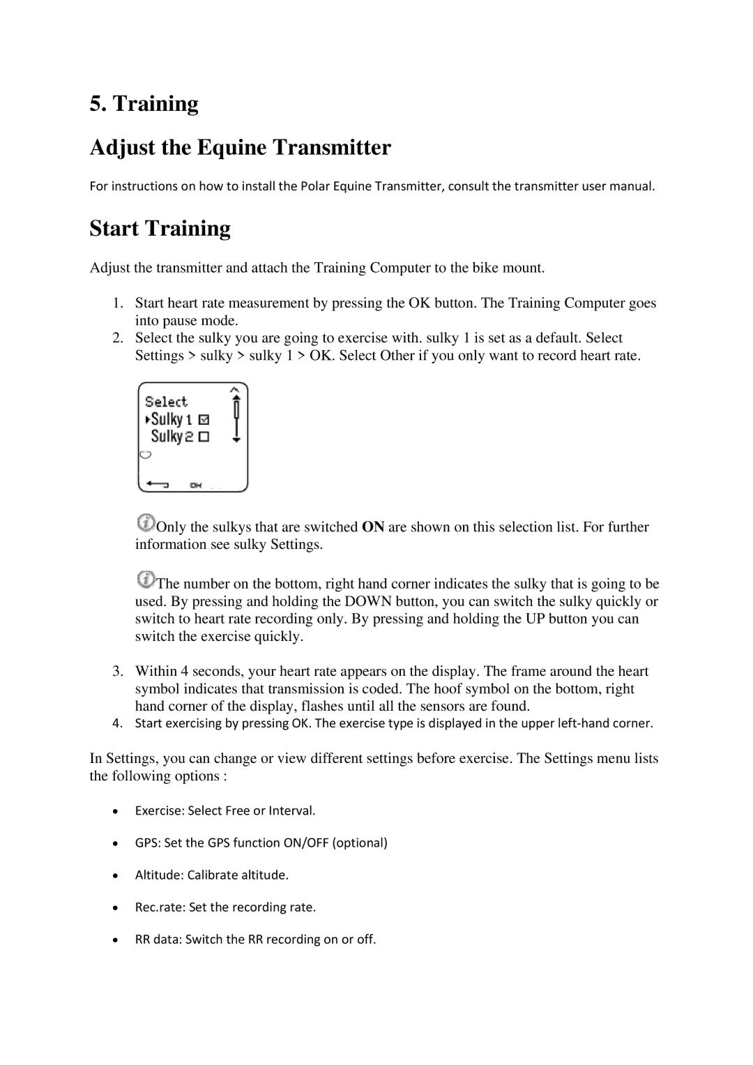 Polar CS600X user manual Training Adjust the Equine Transmitter Start Training 