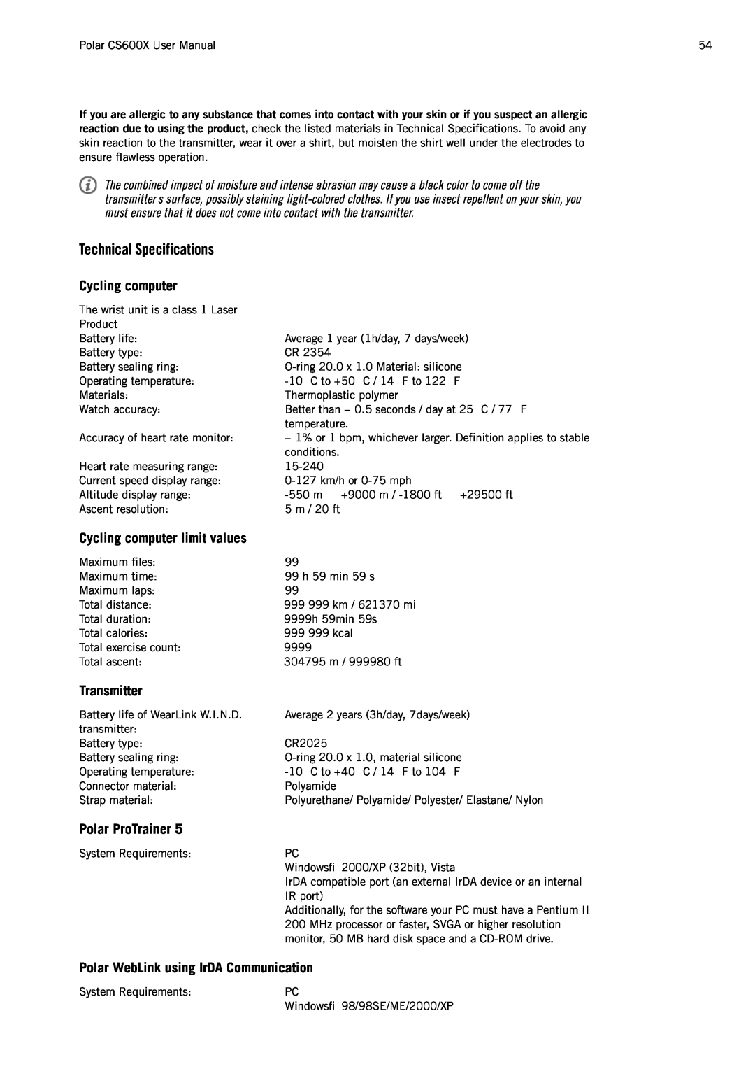 Polar CS600X user manual Technical Specifications, Cycling computer limit values, Transmitter, Polar ProTrainer 