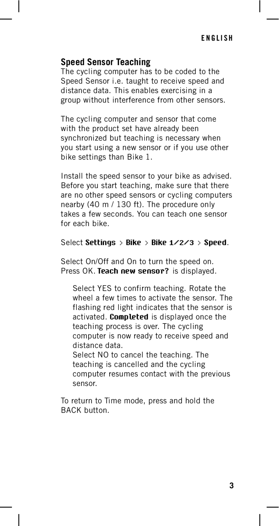 Polar Cycling Computer manual Speed Sensor Teaching, Select Settings Bike Bike 1/2/3 Speed 