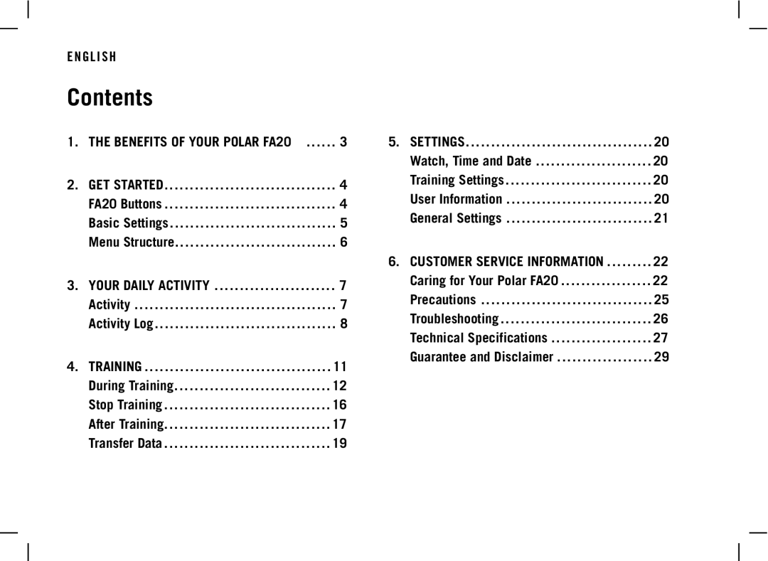 Polar DA20 manual Contents 