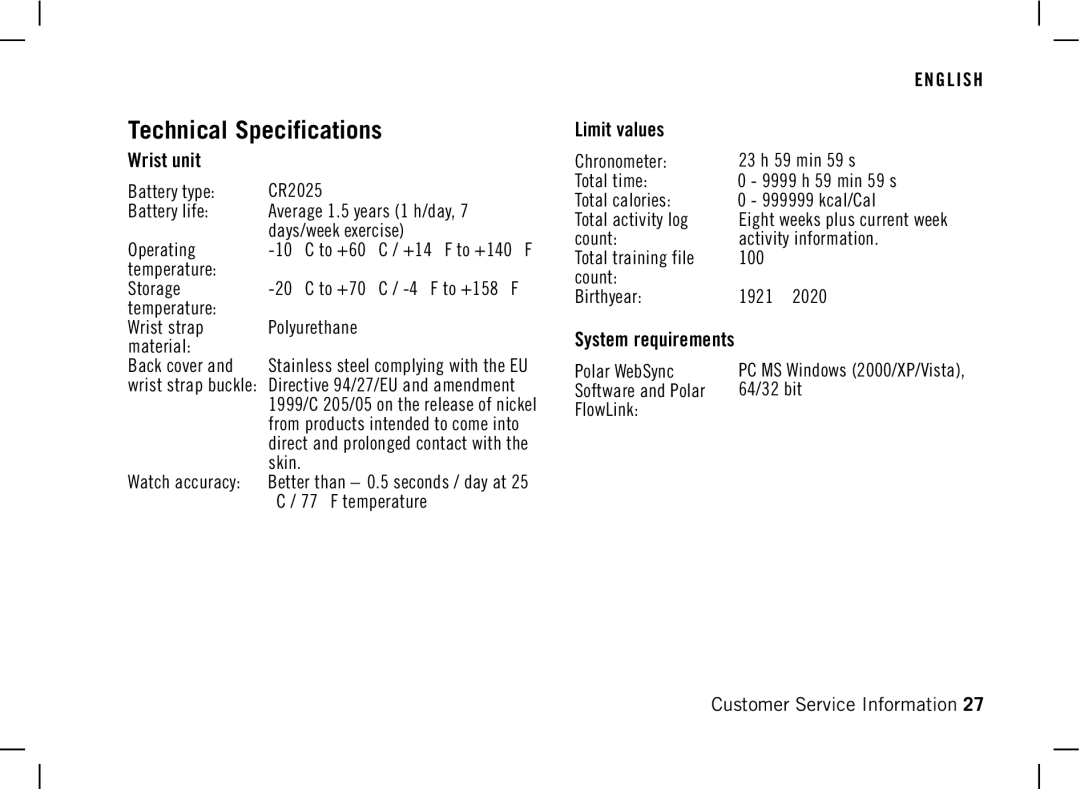 Polar DA20 manual Technical Specifications, System requirements 