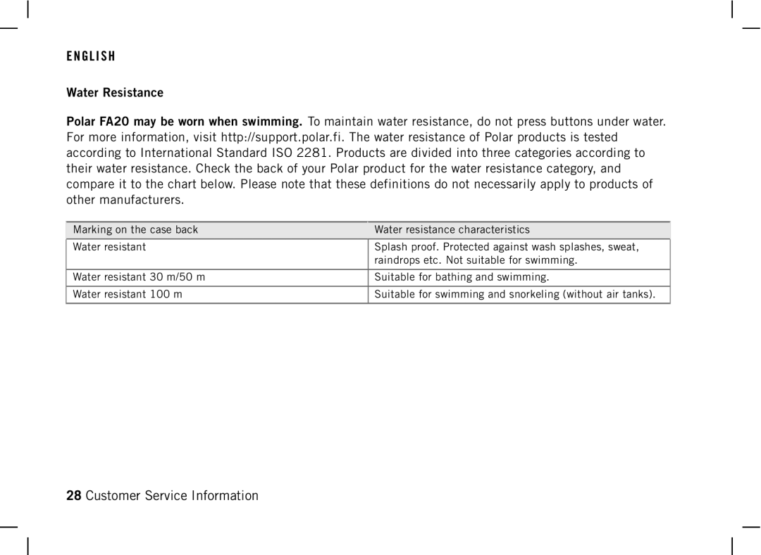 Polar DA20 manual Water Resistance 