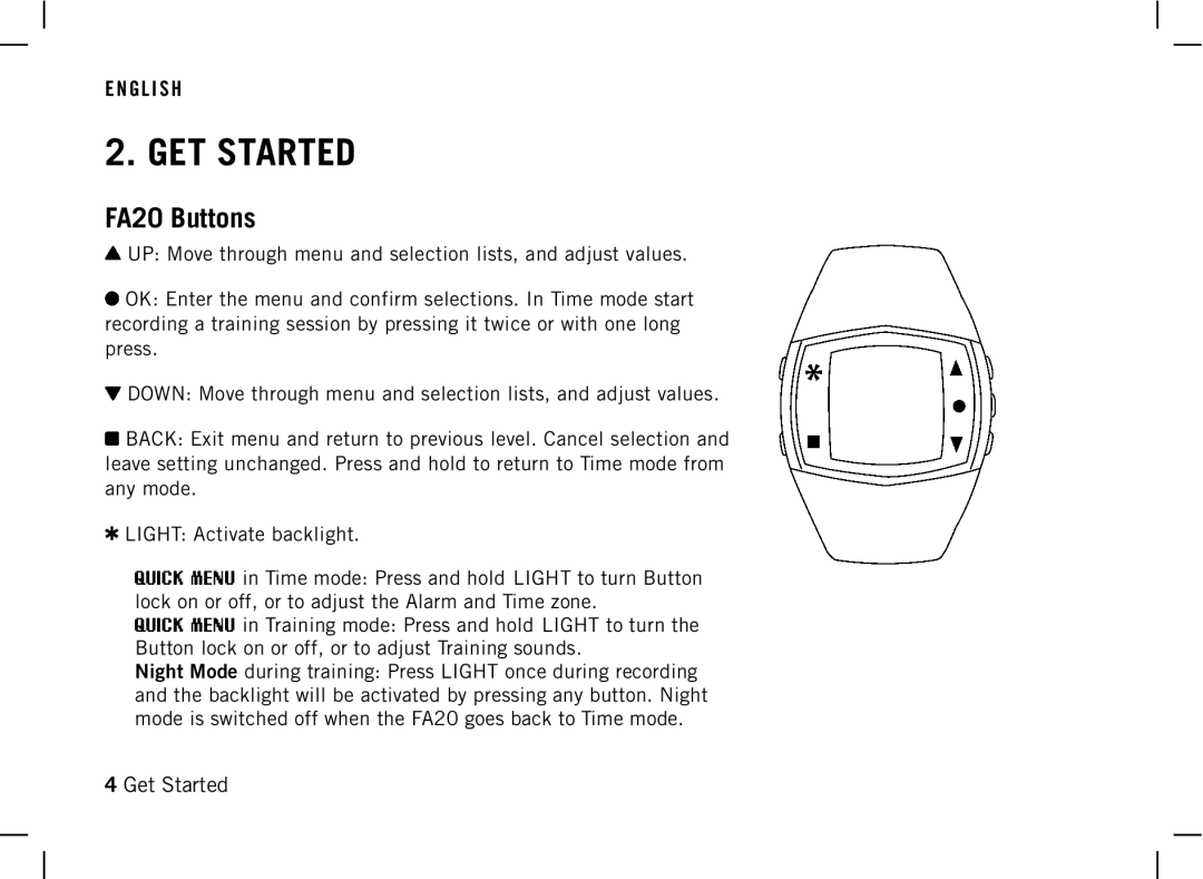 Polar DA20 manual GET Started, FA20 Buttons 