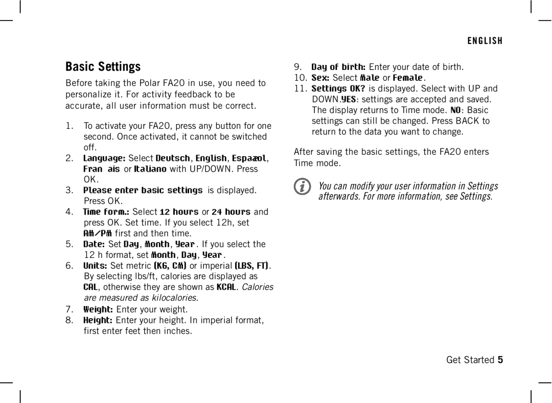 Polar DA20 manual Basic Settings 