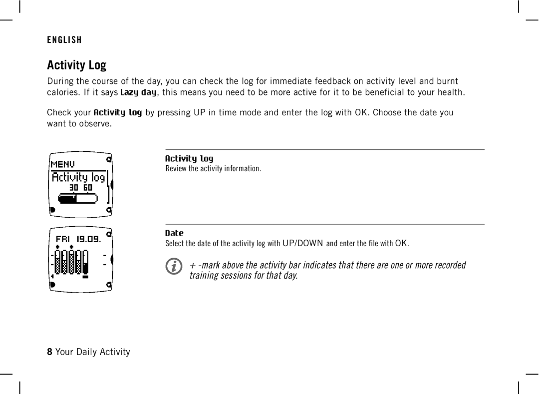 Polar DA20 manual Activity Log, Date 