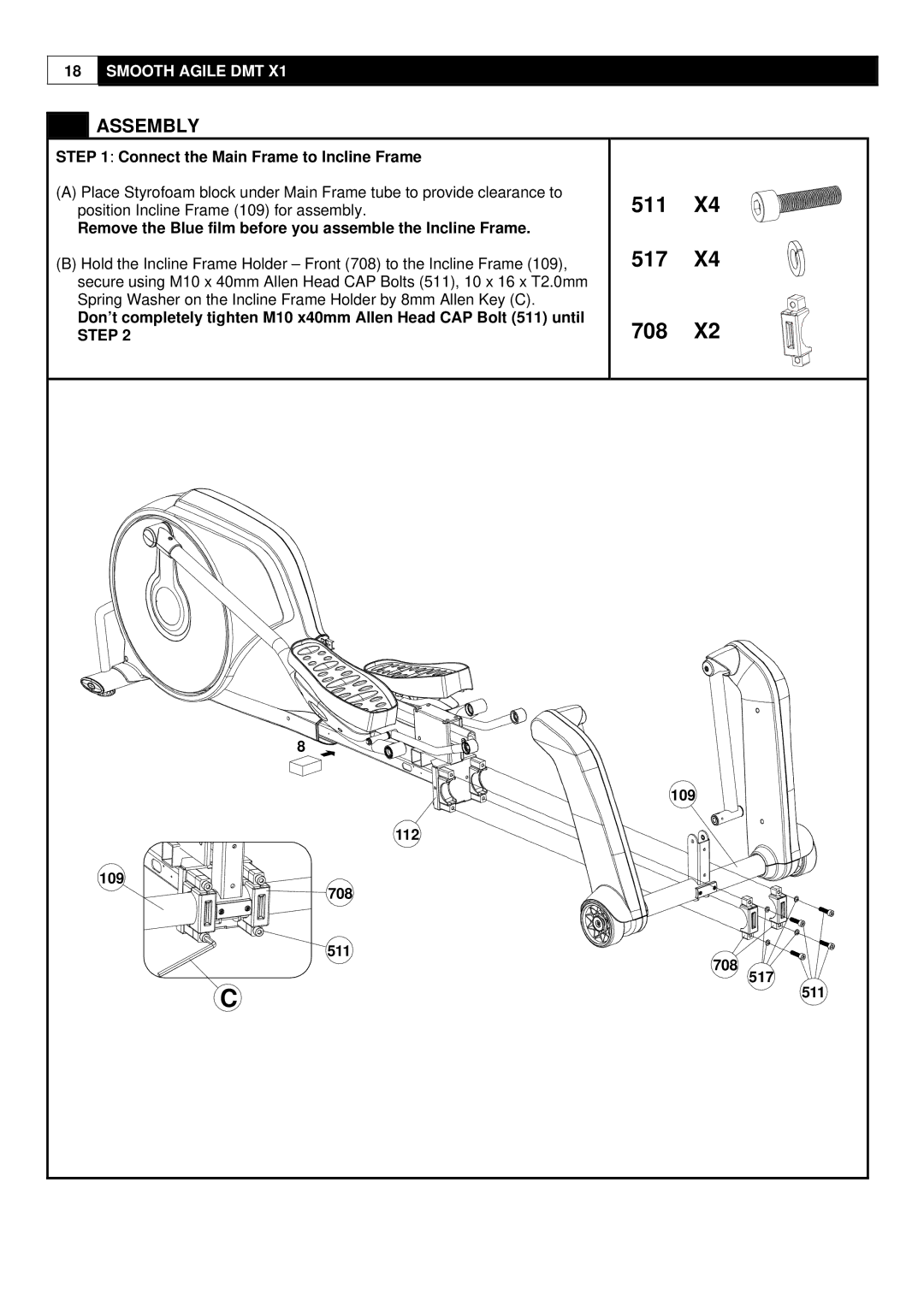 Polar DMT X1 user manual 511 517 708, Connect the Main Frame to Incline Frame, 109 708 517 