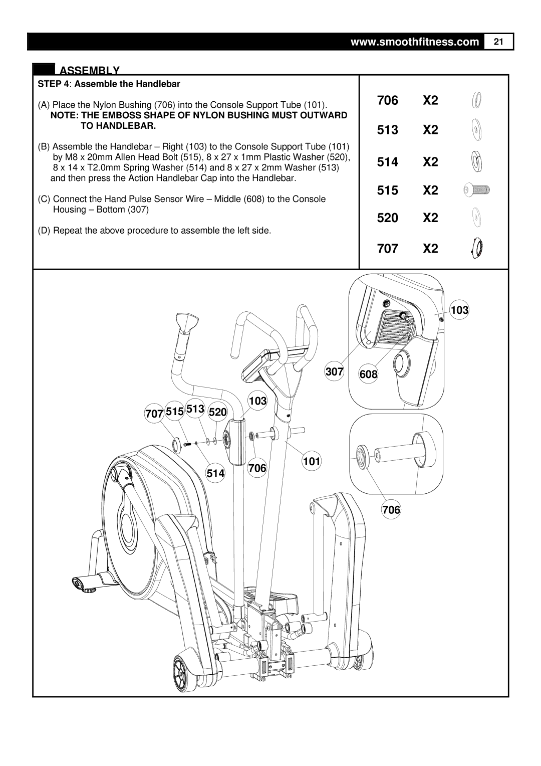 Polar DMT X1 user manual 706 513 514 515 520 707, Assemble the Handlebar 