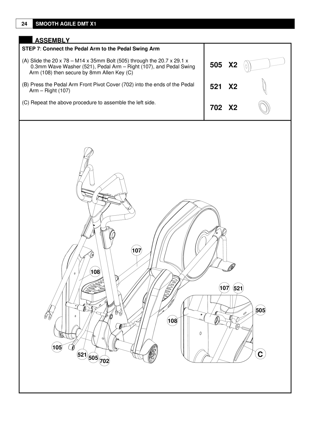 Polar DMT X1 user manual 505 521 702, Connect the Pedal Arm to the Pedal Swing Arm 