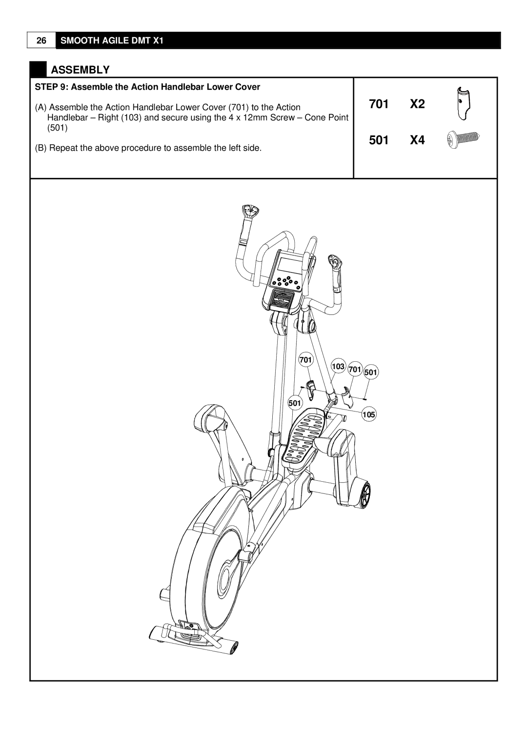 Polar DMT X1 user manual 701 501, Assemble the Action Handlebar Lower Cover 