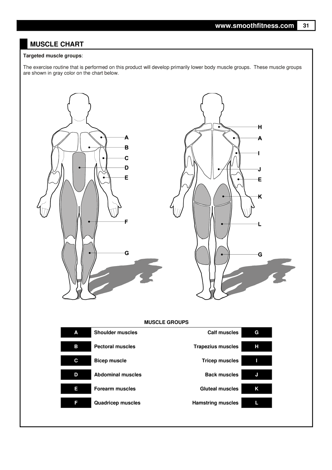 Polar DMT X1 user manual Muscle Chart, Muscle Groups 