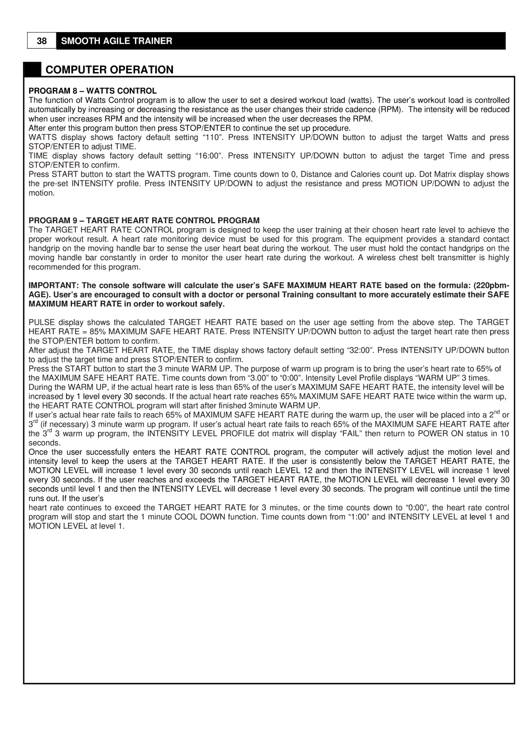 Polar DMT X1 user manual Program 8 Watts Control, Program 9 Target Heart Rate Control Program 