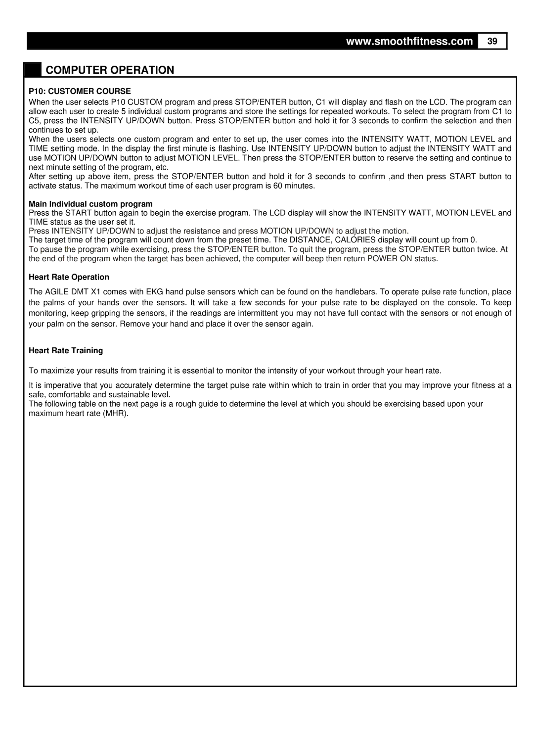 Polar DMT X1 user manual P10 Customer Course, Main Individual custom program 