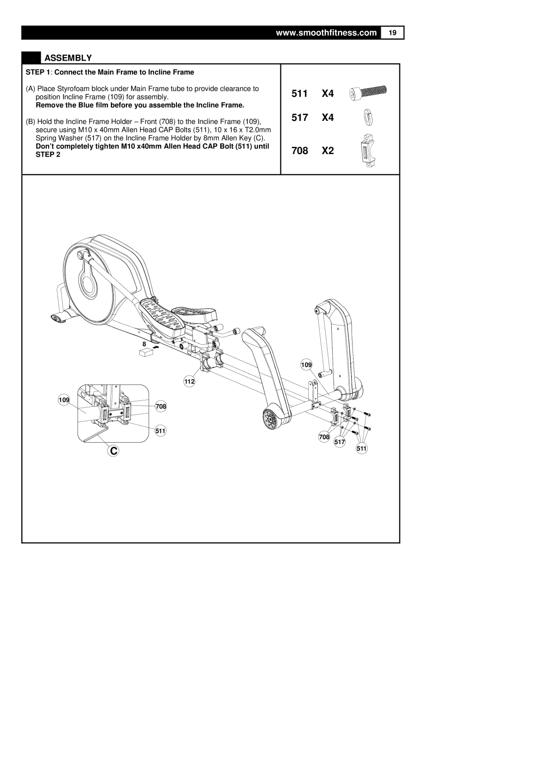 Polar DMT X2 user manual 511 517 708, Connect the Main Frame to Incline Frame 