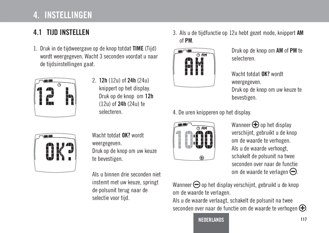 Polar ES3C, ES2C user manual Instellingen, Tijd Instellen, Wacht totdat OK? wordt weergegeven 