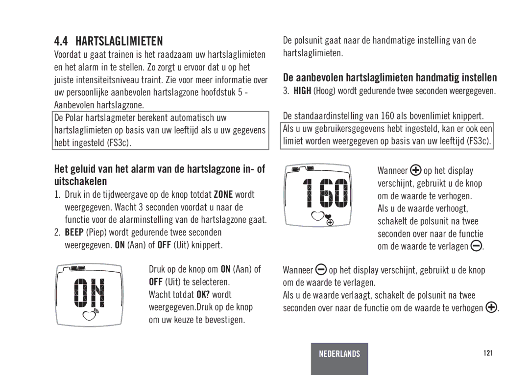 Polar ES3C, ES2C user manual Hartslaglimieten, De standaardinstelling van 160 als bovenlimiet knippert 