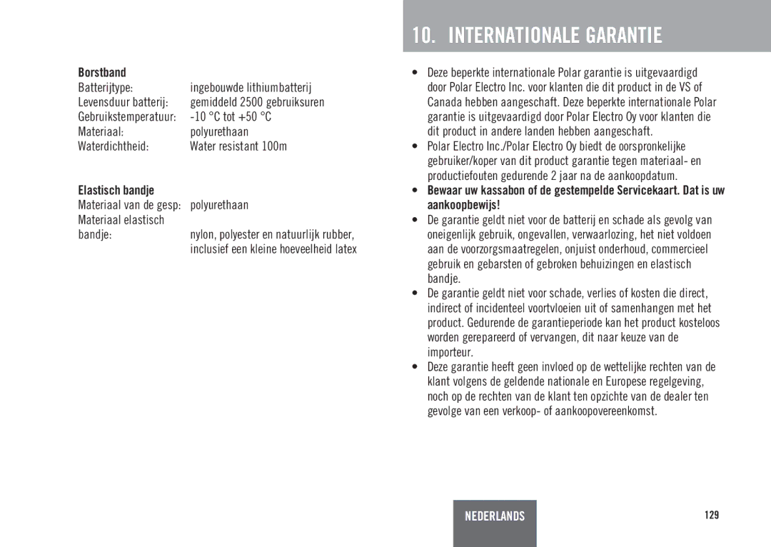 Polar ES3C, ES2C user manual Internationale Garantie, Borstband, Elastisch bandje, Aankoopbewijs 