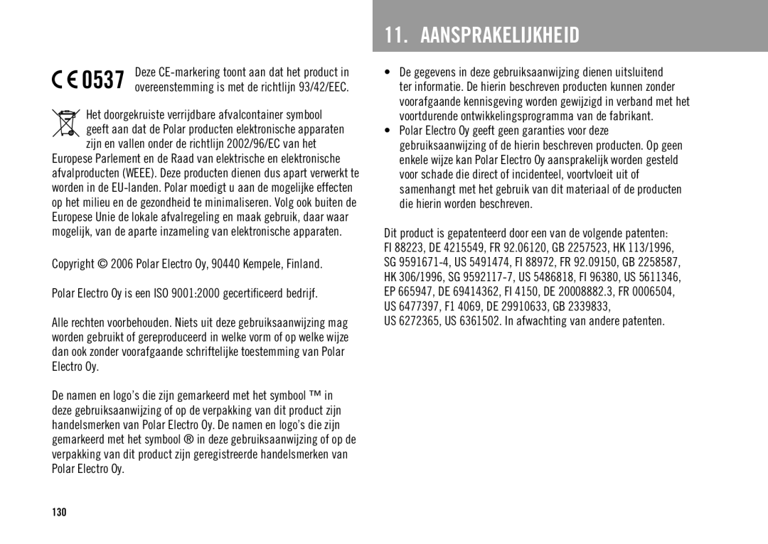 Polar ES2C, ES3C user manual Aansprakelijkheid, US 6272365, US 6361502. In afwachting van andere patenten 