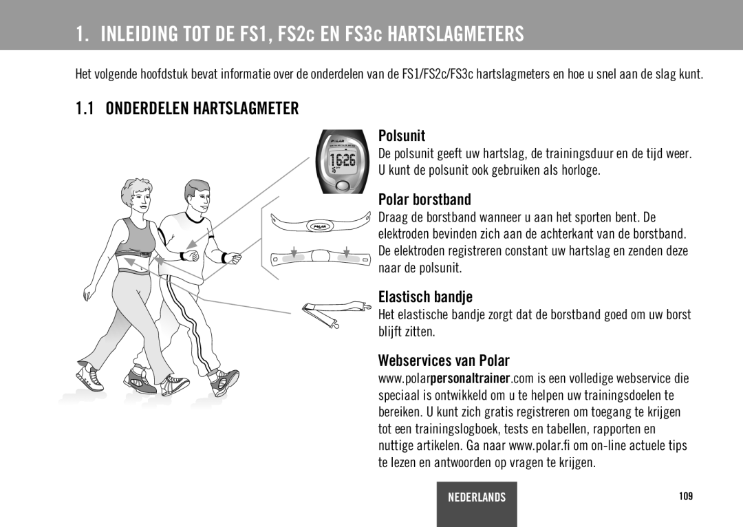 Polar ES3C, ES2C user manual Onderdelen Hartslagmeter, Polsunit, Polar borstband, Elastisch bandje, Webservices van Polar 