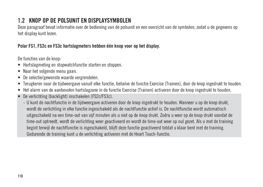 Polar ES2C, ES3C user manual Knop OP DE Polsunit EN Displaysymbolen, De verlichting backlight inschakelen FS2c/FS3c 