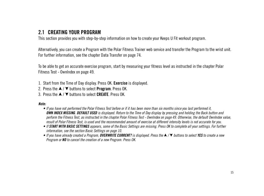 Polar F11 user manual Creating Your Program 