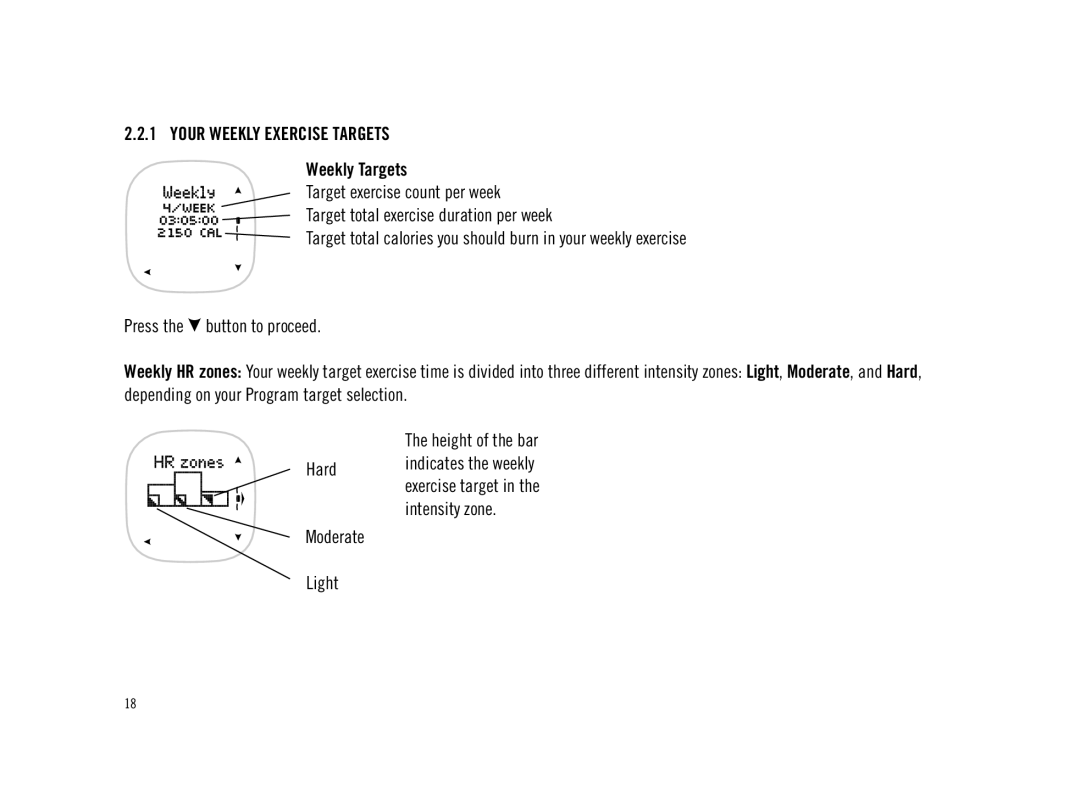 Polar F11 user manual Your Weekly Exercise Targets, Weekly Targets, Light 