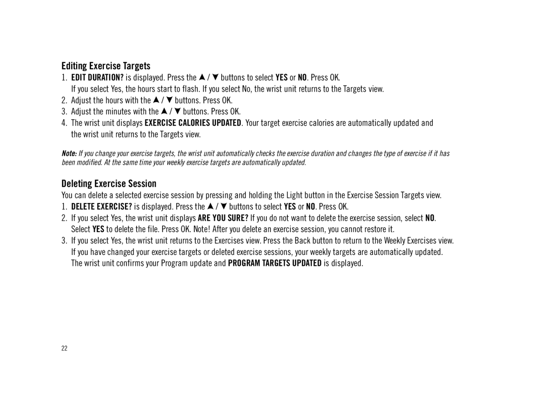 Polar F11 user manual Editing Exercise Targets, Deleting Exercise Session 
