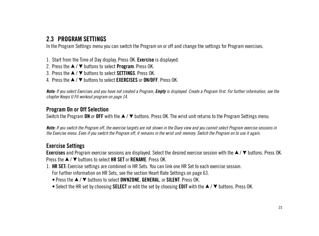 Polar F11 user manual Program Settings, Program On or Off Selection, Exercise Settings 