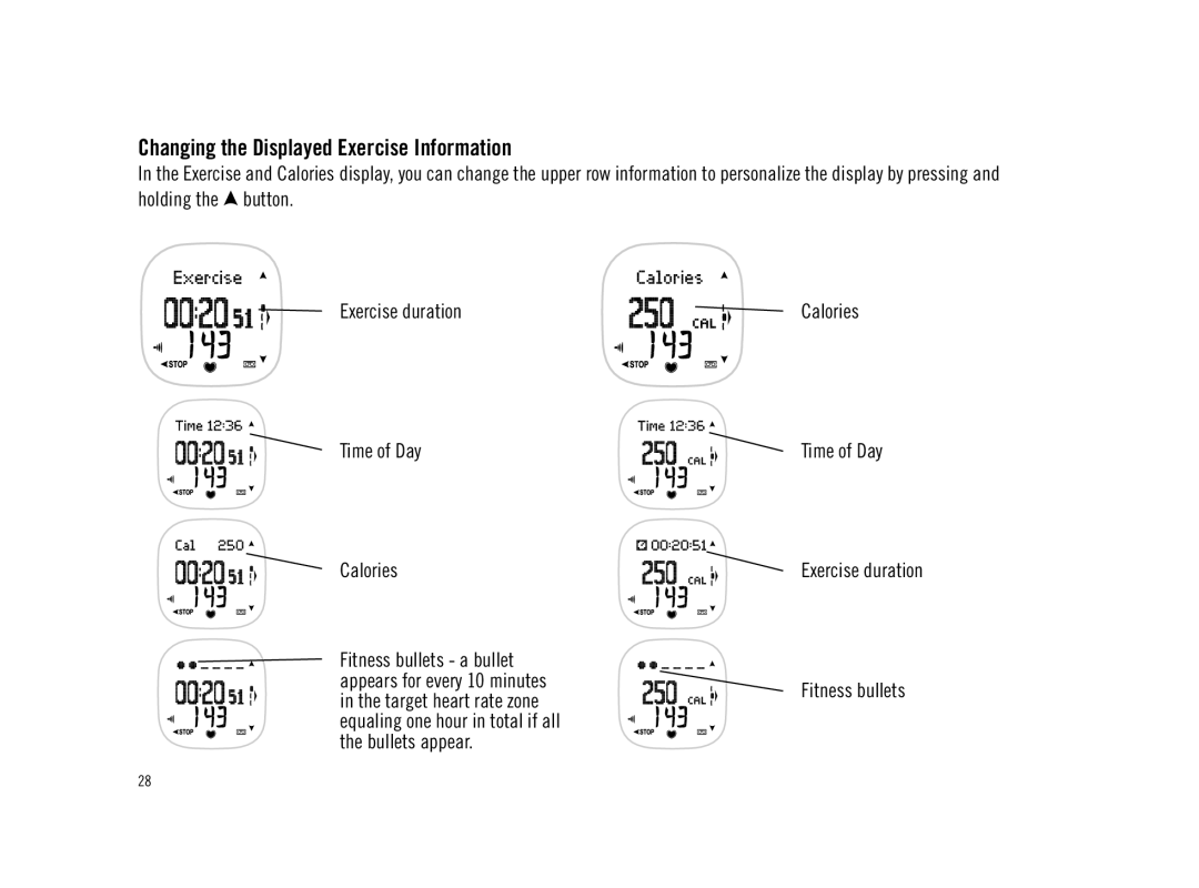 Polar F11 user manual Changing the Displayed Exercise Information, Calories Time of Day Exercise duration Fitness bullets 