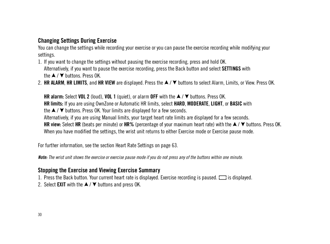 Polar F11 user manual Changing Settings During Exercise, Stopping the Exercise and Viewing Exercise Summary 