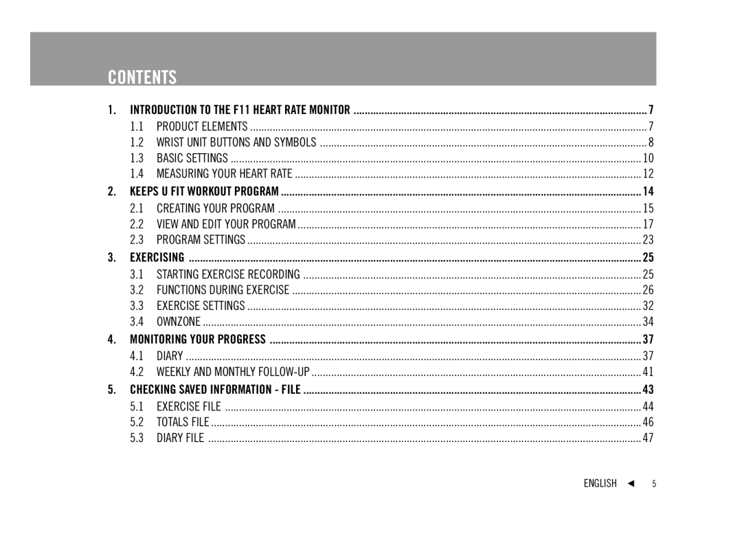 Polar F11 user manual Contents 