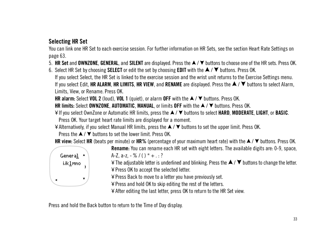 Polar F11 user manual Selecting HR Set 