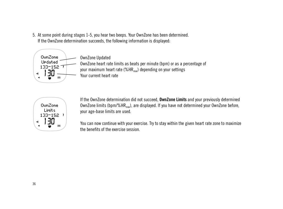 Polar F11 user manual OwnZone Updated, Your current heart rate 