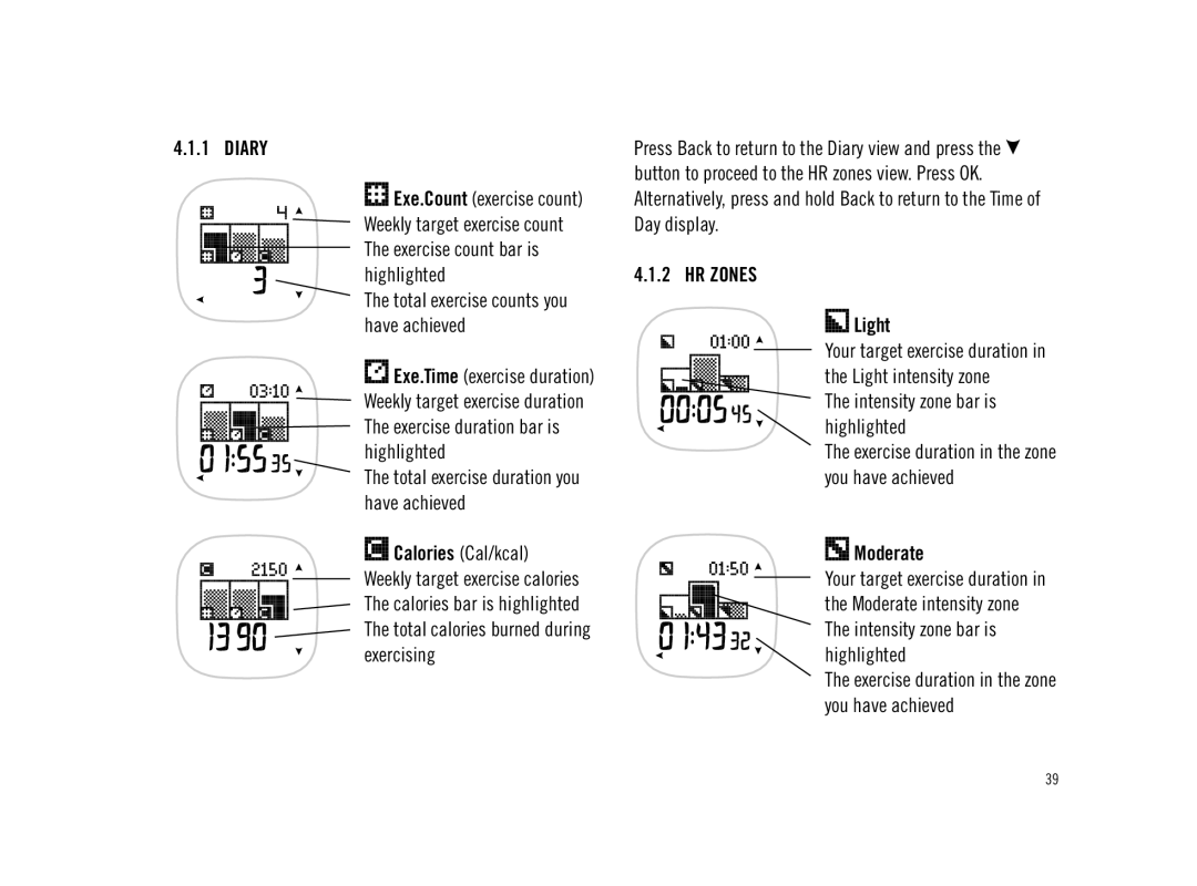 Polar F11 user manual Diary, HR Zones Light, Intensity zone bar is highlighted, Moderate 