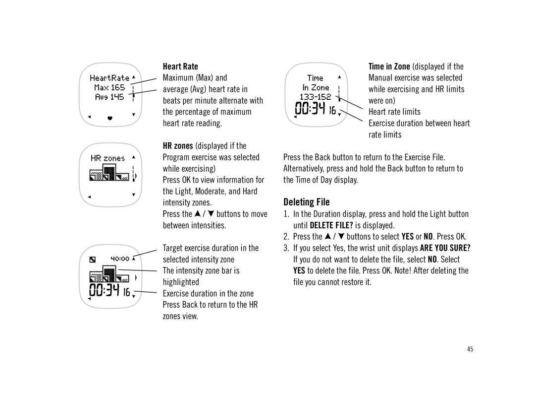 Polar F11 user manual Deleting File, Heart Rate 