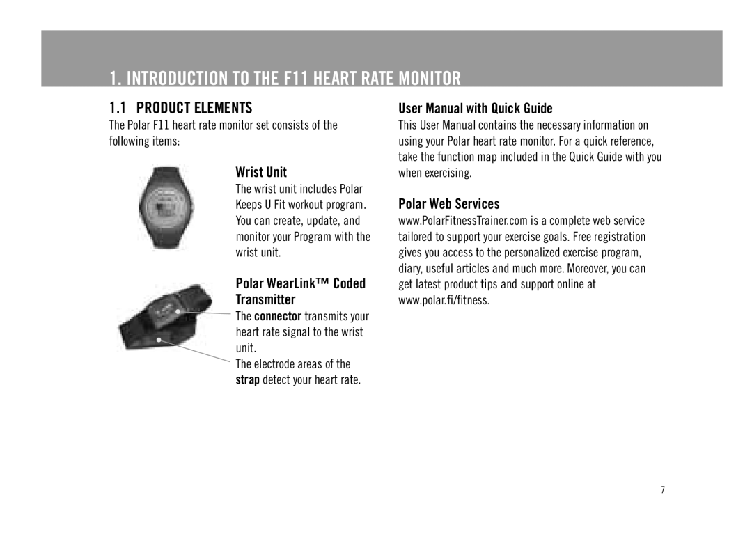 Polar Introduction to the F11 Heart Rate Monitor, Product Elements, Wrist Unit, Transmitter, Polar Web Services 