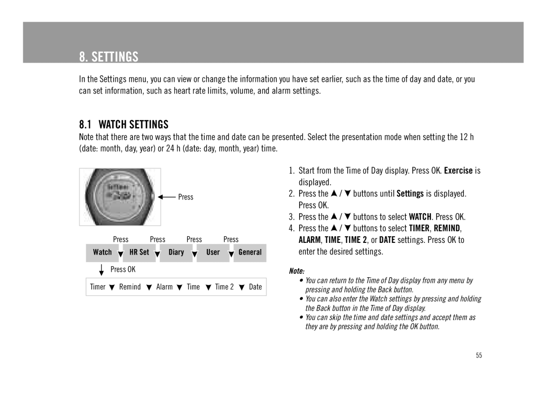 Polar F11 user manual Watch Settings 