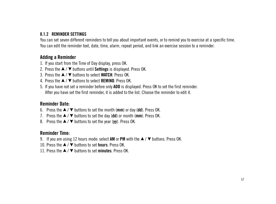 Polar F11 user manual Adding a Reminder, Reminder Date, Reminder Time, Reminder Settings 