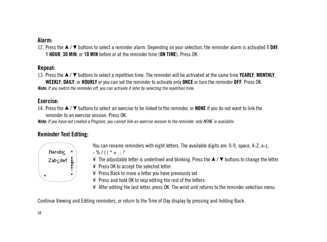 Polar F11 user manual Alarm, Repeat, Exercise, Reminder Text Editing 