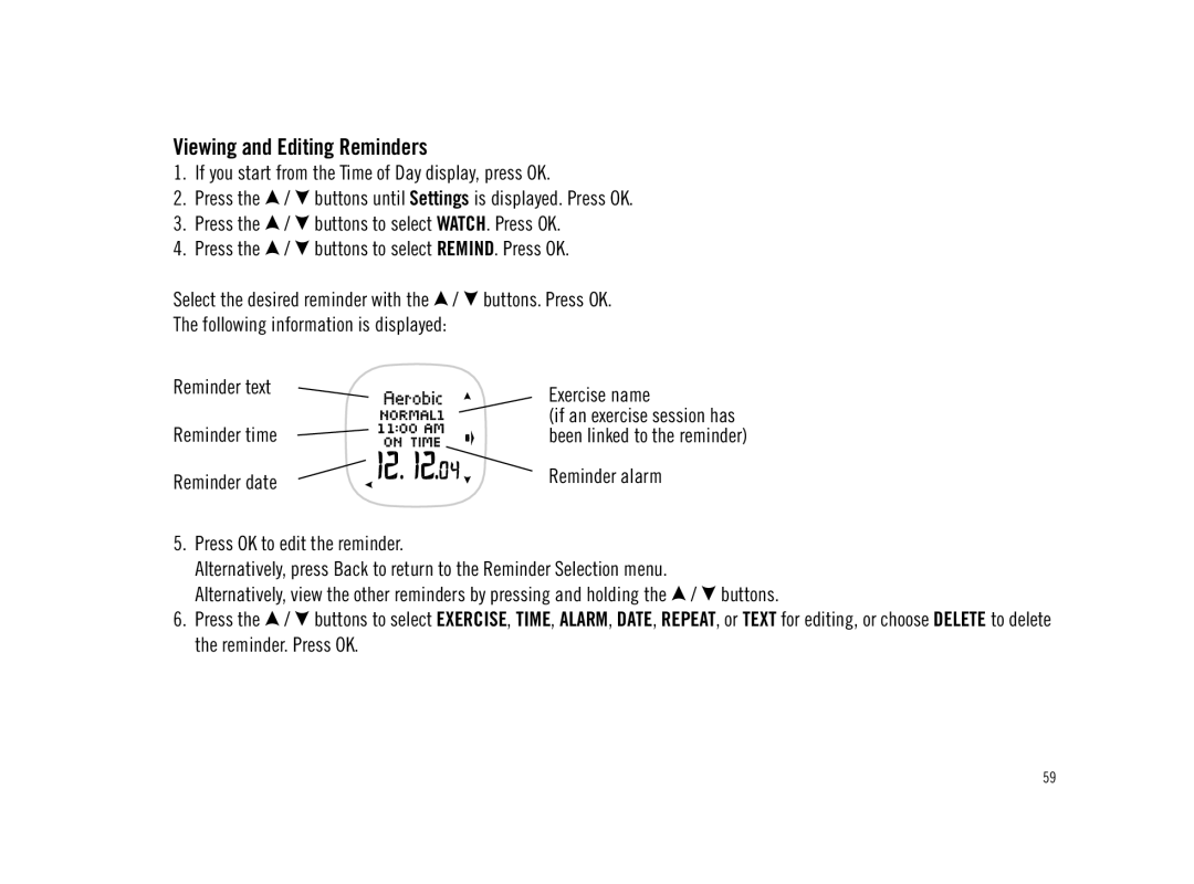 Polar F11 user manual Viewing and Editing Reminders, Reminder text Reminder time Reminder date Exercise name 