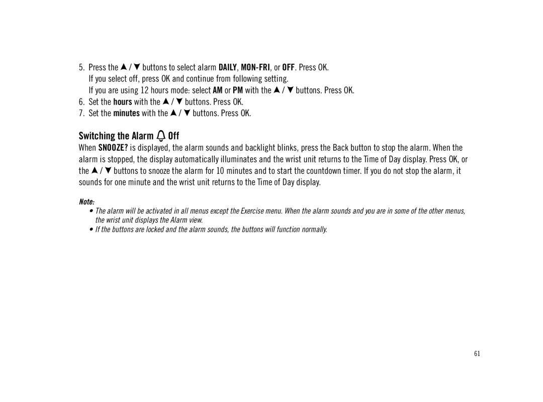 Polar F11 user manual Switching the Alarm Off 