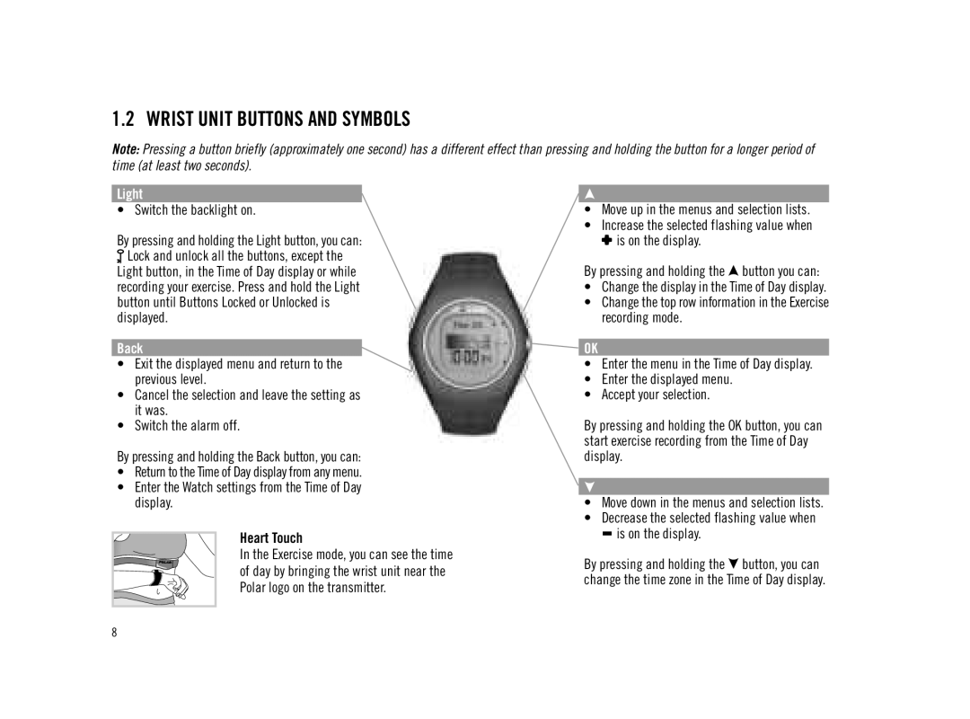 Polar F11 user manual Wrist Unit Buttons and Symbols, Light 