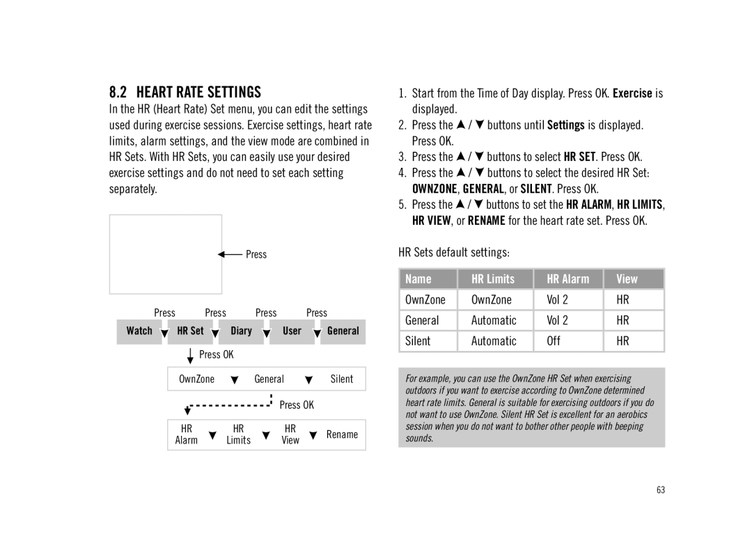 Polar F11 user manual Heart Rate Settings, HR Sets default settings, OwnZone Vol General Automatic Silent Off 