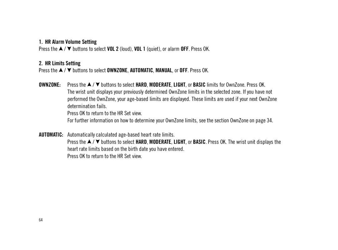 Polar F11 user manual HR Alarm Volume Setting, HR Limits Setting, Press OK to return to the HR Set view 