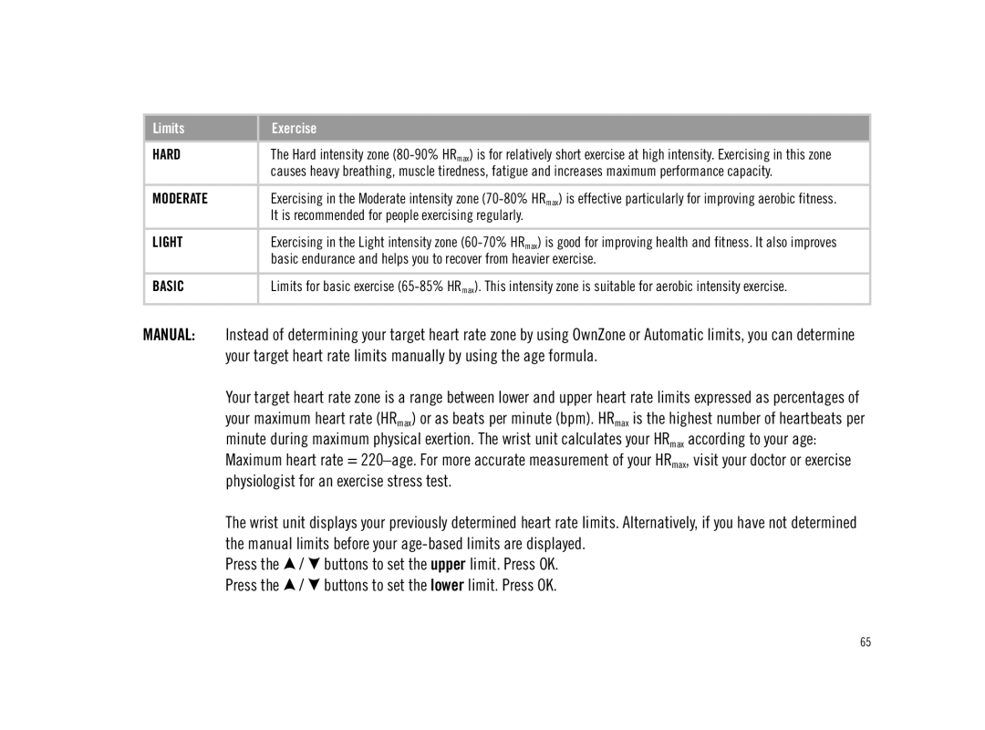 Polar F11 Physiologist for an exercise stress test, Manual limits before your age-based limits are displayed 