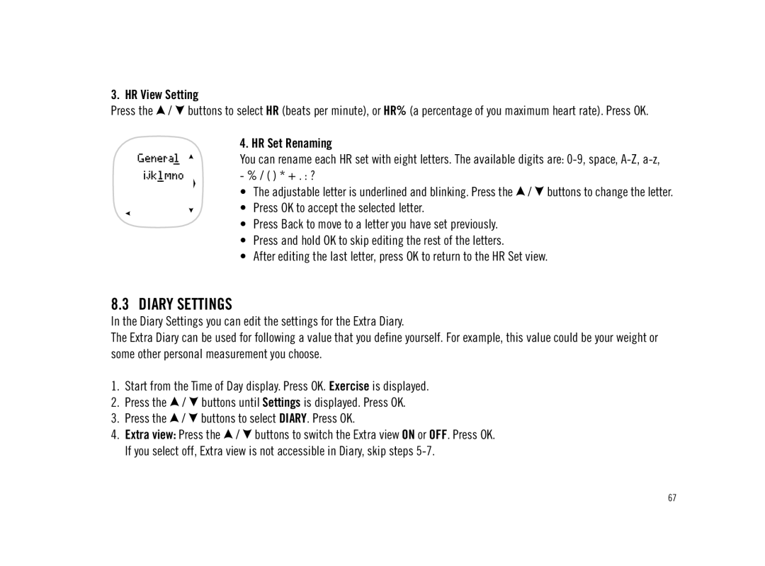 Polar F11 user manual Diary Settings, HR View Setting, HR Set Renaming, + . ? 